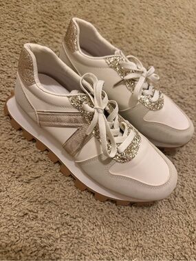 Women’s White Sneakers with Gold Glitter Accent